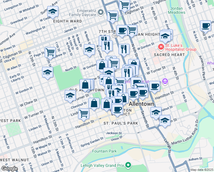 map of restaurants, bars, coffee shops, grocery stores, and more near 235 North Ninth Street in Allentown