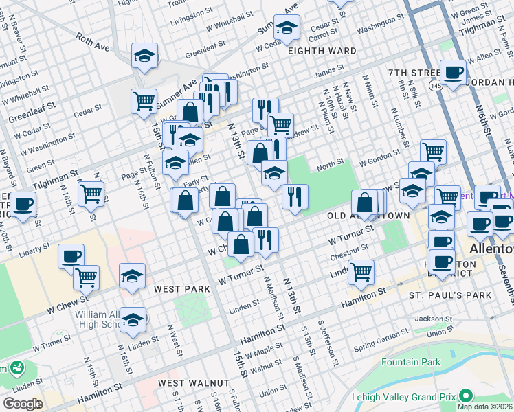 map of restaurants, bars, coffee shops, grocery stores, and more near 1223 West Gordon Street in Allentown