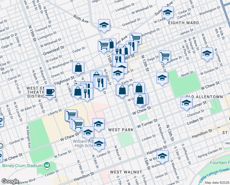 map of restaurants, bars, coffee shops, grocery stores, and more near 1509 Early Street in Allentown