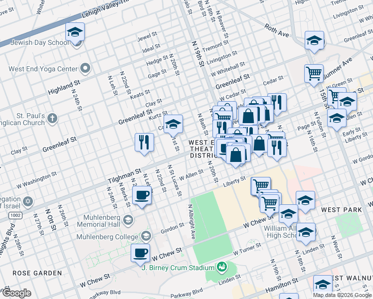 map of restaurants, bars, coffee shops, grocery stores, and more near 2014 Green Street in Allentown