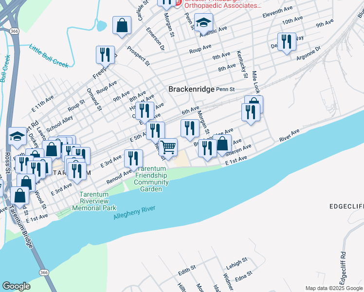 map of restaurants, bars, coffee shops, grocery stores, and more near 882 3rd Avenue in Brackenridge