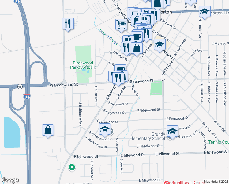 map of restaurants, bars, coffee shops, grocery stores, and more near 600-608 S Main St in Morton