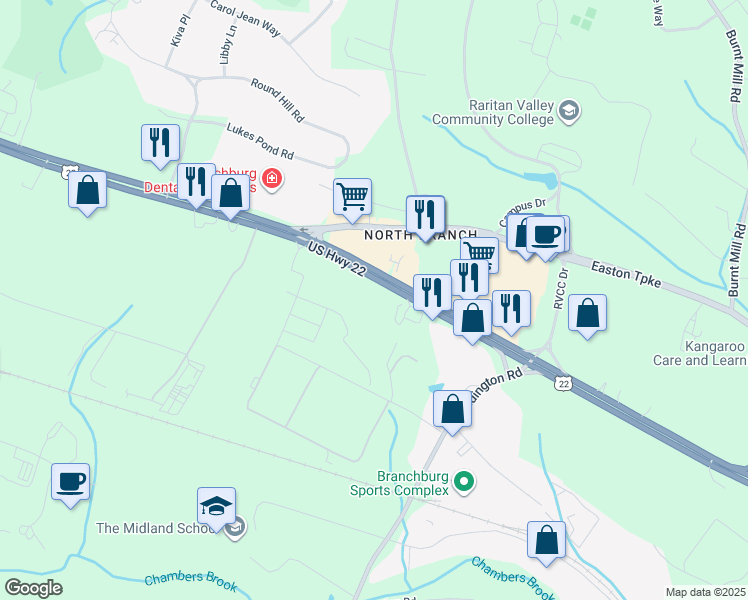 map of restaurants, bars, coffee shops, grocery stores, and more near 3241 U.S. 22 in Branchburg