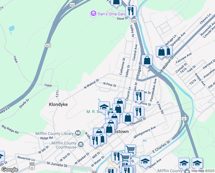 map of restaurants, bars, coffee shops, grocery stores, and more near 57 North Pine Street in Lewistown