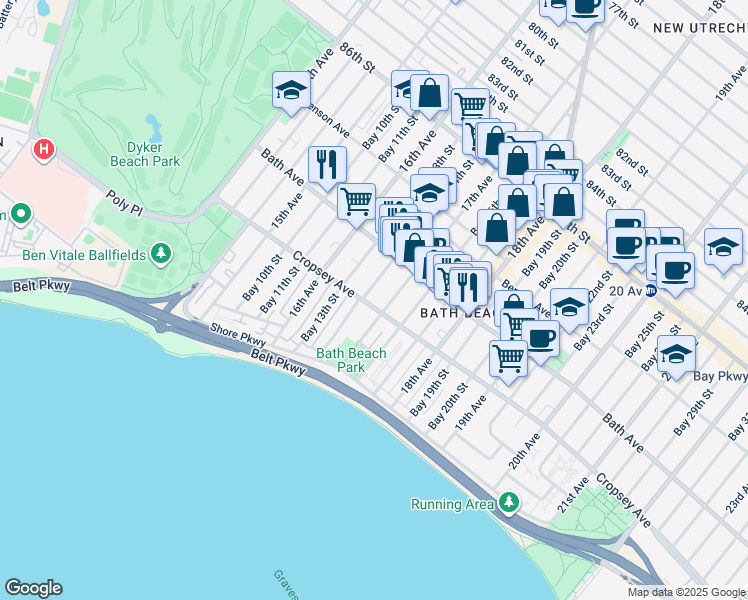 map of restaurants, bars, coffee shops, grocery stores, and more near 1661 Cropsey Avenue in Brooklyn