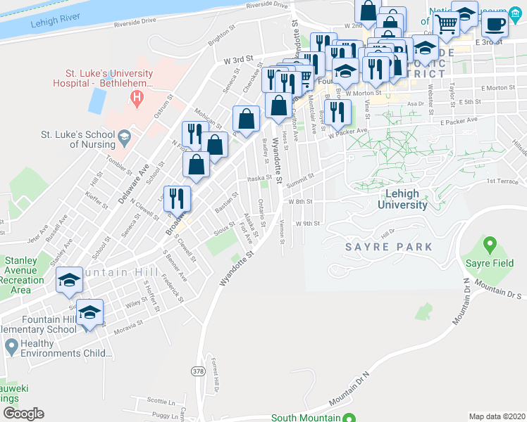 map of restaurants, bars, coffee shops, grocery stores, and more near 521 Sioux Street in Bethlehem