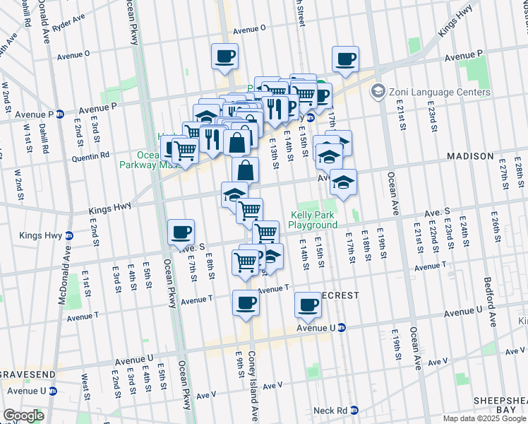 map of restaurants, bars, coffee shops, grocery stores, and more near 1855 East 12th Street in Brooklyn
