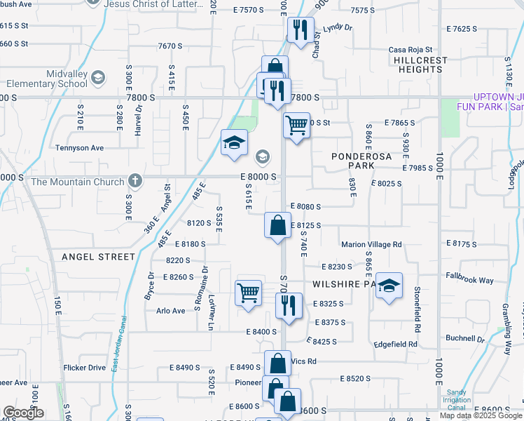 map of restaurants, bars, coffee shops, grocery stores, and more near 8047 South 650 East in Sandy