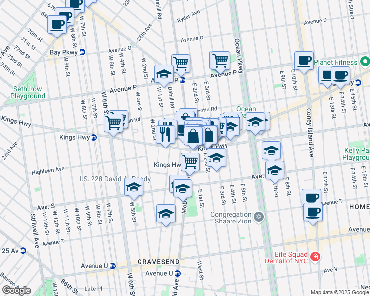 map of restaurants, bars, coffee shops, grocery stores, and more near 465 Kings Highway in Brooklyn