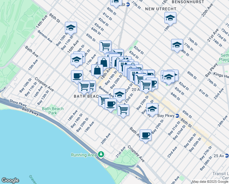 map of restaurants, bars, coffee shops, grocery stores, and more near 8684 19th Avenue in Brooklyn