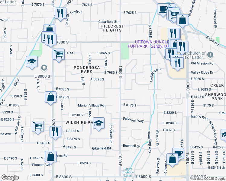 map of restaurants, bars, coffee shops, grocery stores, and more near 8058 Peregrine Place in Sandy