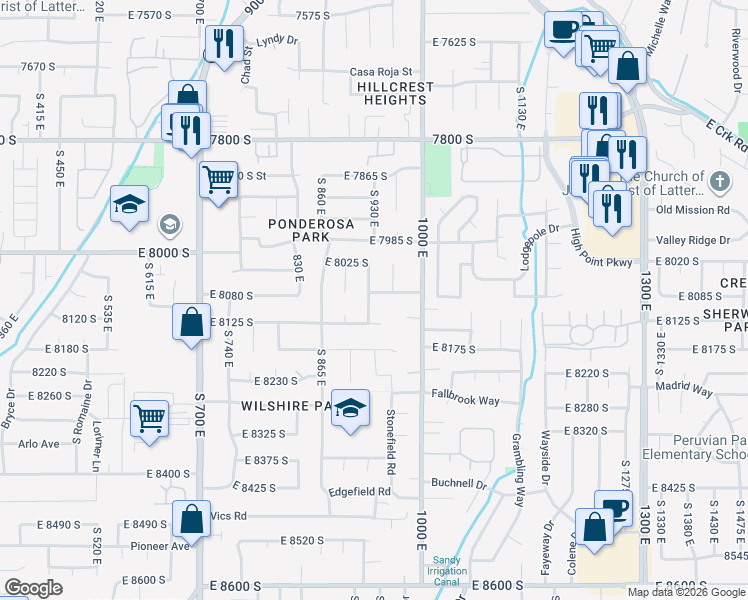 map of restaurants, bars, coffee shops, grocery stores, and more near 8058 Peregrine Place in Sandy