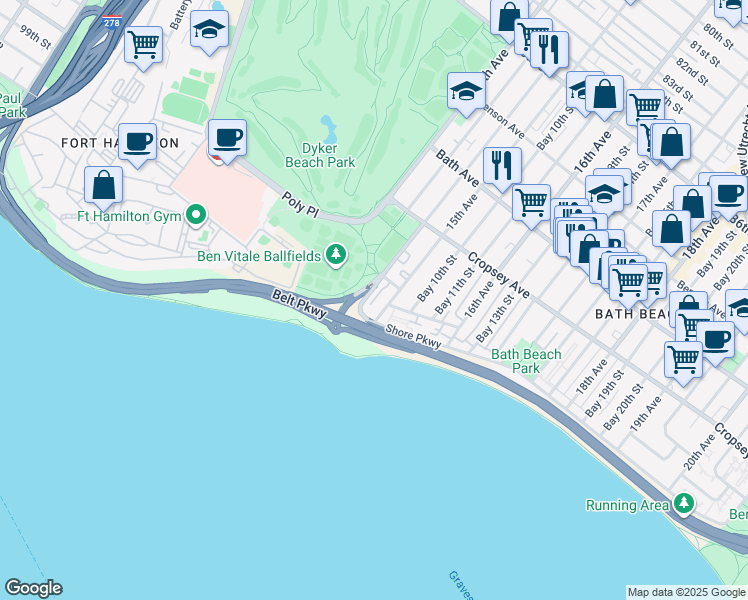 map of restaurants, bars, coffee shops, grocery stores, and more near 349 Bay 8th Street in Brooklyn