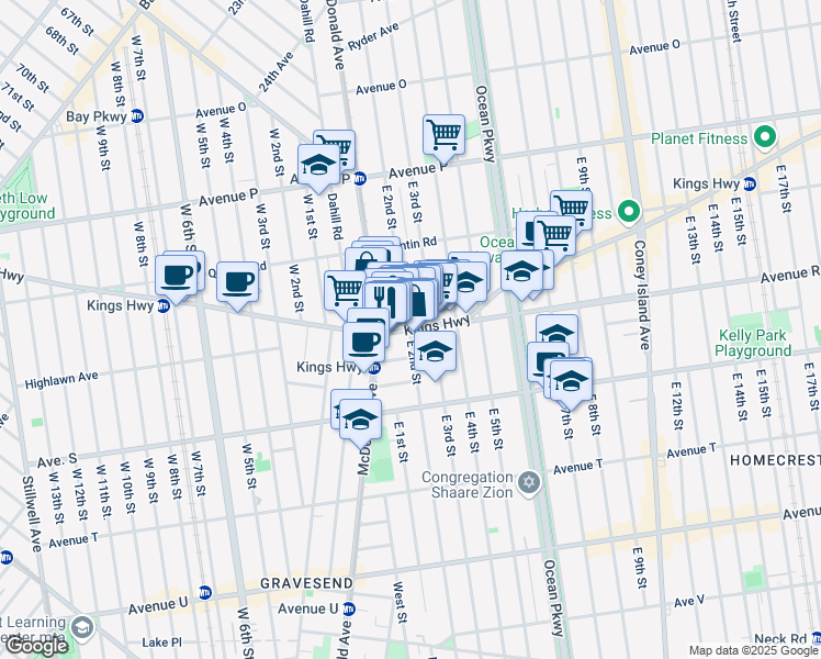 map of restaurants, bars, coffee shops, grocery stores, and more near Kings Highway & East 2nd Street in Brooklyn
