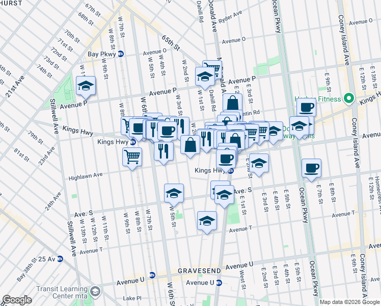 map of restaurants, bars, coffee shops, grocery stores, and more near 1752 West 2nd Street in Brooklyn