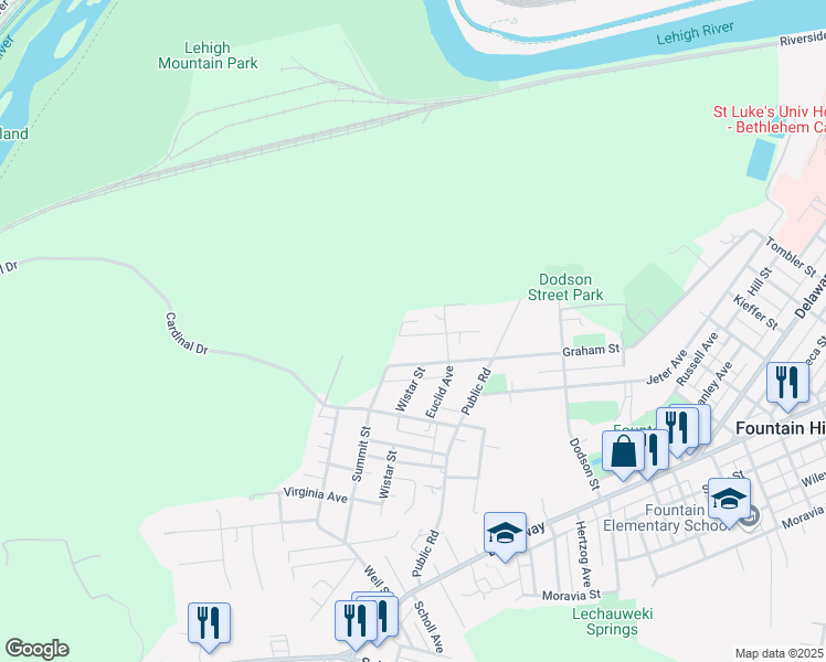 map of restaurants, bars, coffee shops, grocery stores, and more near 1725 Maple Avenue in Bethlehem