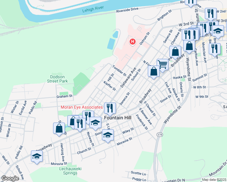 map of restaurants, bars, coffee shops, grocery stores, and more near 833 Kieffer Street in Fountain Hill