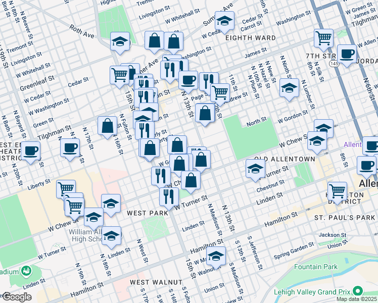 map of restaurants, bars, coffee shops, grocery stores, and more near 417 North Madison Street in Allentown