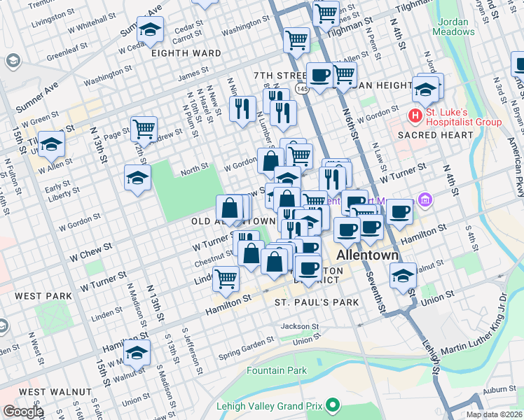 map of restaurants, bars, coffee shops, grocery stores, and more near 928 West Chew Street in Allentown