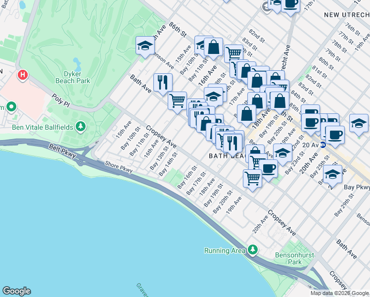map of restaurants, bars, coffee shops, grocery stores, and more near 204 Bay 14th Street in Brooklyn
