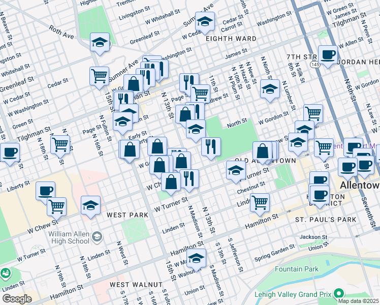 map of restaurants, bars, coffee shops, grocery stores, and more near 1244 West Gordon Street in Allentown