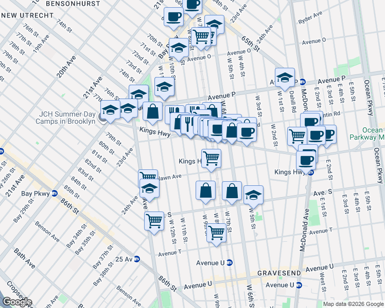 map of restaurants, bars, coffee shops, grocery stores, and more near 248 Kings Highway in Brooklyn