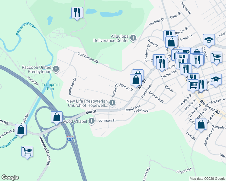 map of restaurants, bars, coffee shops, grocery stores, and more near 622 Hickory Drive in Aliquippa