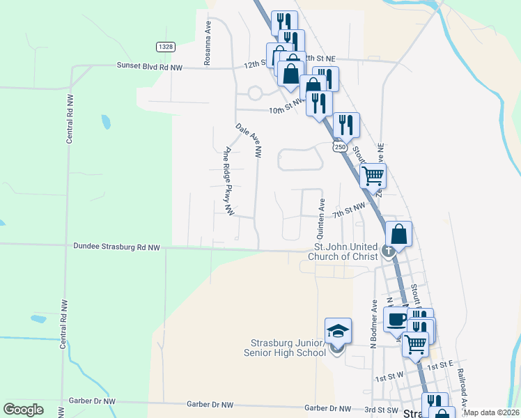 map of restaurants, bars, coffee shops, grocery stores, and more near 709 Dale Avenue Northwest in Strasburg