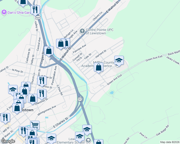 map of restaurants, bars, coffee shops, grocery stores, and more near 400-498 Princeton St in Lewistown