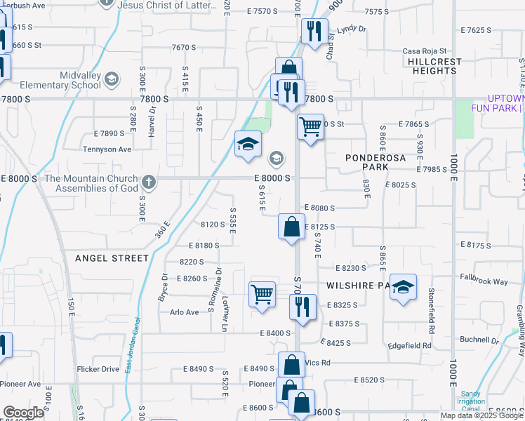 map of restaurants, bars, coffee shops, grocery stores, and more near 8087 South 615 East in Sandy