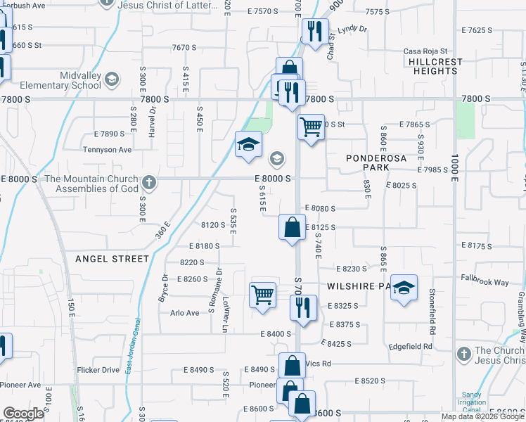 map of restaurants, bars, coffee shops, grocery stores, and more near 8087 South 615 East in Sandy