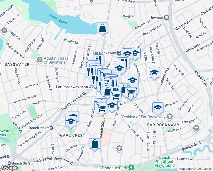 map of restaurants, bars, coffee shops, grocery stores, and more near 2017 Mott Avenue in Queens