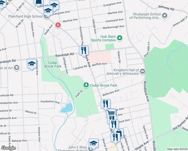 map of restaurants, bars, coffee shops, grocery stores, and more near 1267 Park Avenue in Plainfield