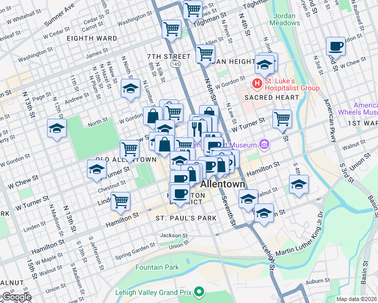 map of restaurants, bars, coffee shops, grocery stores, and more near 721 West Turner Street in Allentown