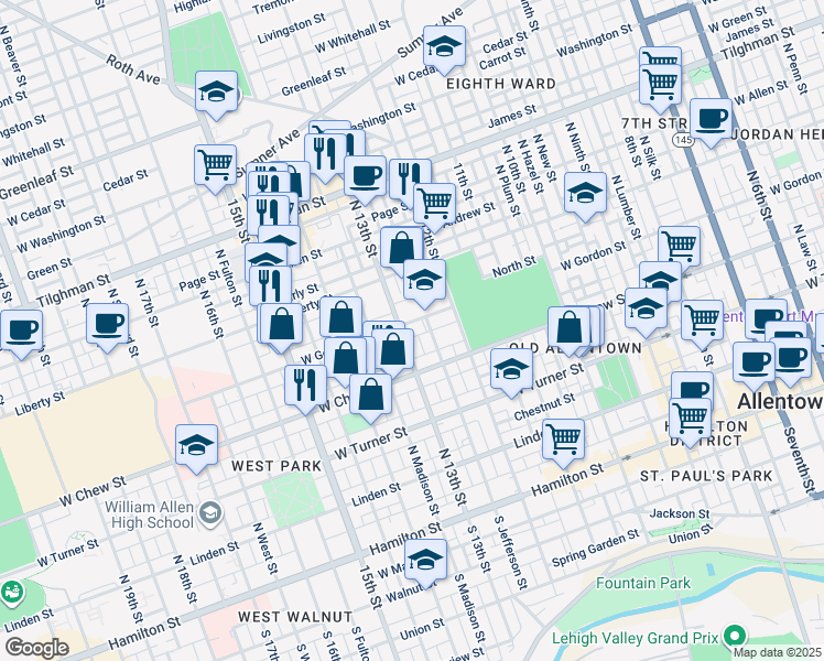 map of restaurants, bars, coffee shops, grocery stores, and more near 1244 West Gordon Street in Allentown
