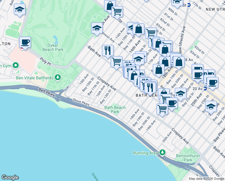 map of restaurants, bars, coffee shops, grocery stores, and more near 236 Bay 13th Street in Brooklyn