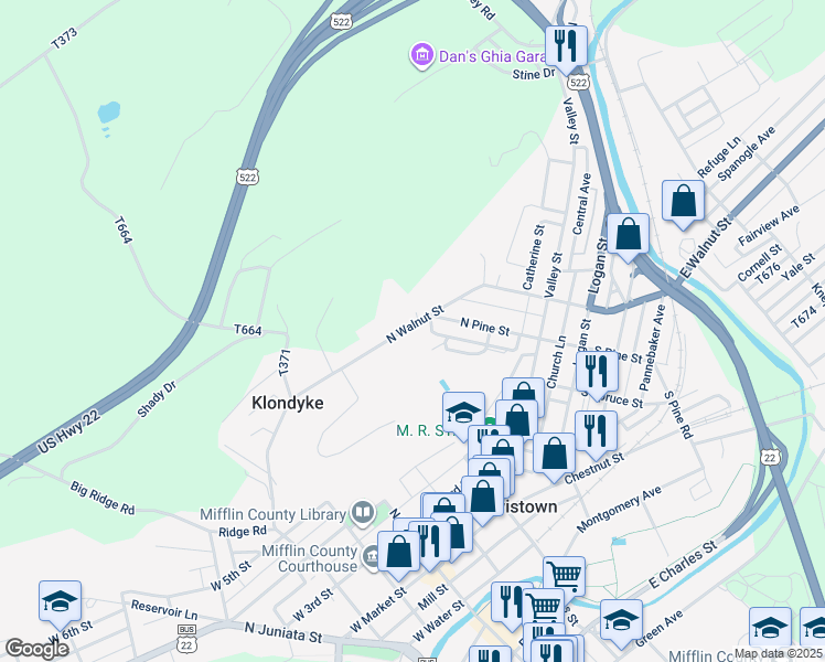 map of restaurants, bars, coffee shops, grocery stores, and more near 211 North Walnut Street in Lewistown