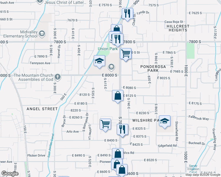 map of restaurants, bars, coffee shops, grocery stores, and more near 8047 South 650 East in Sandy