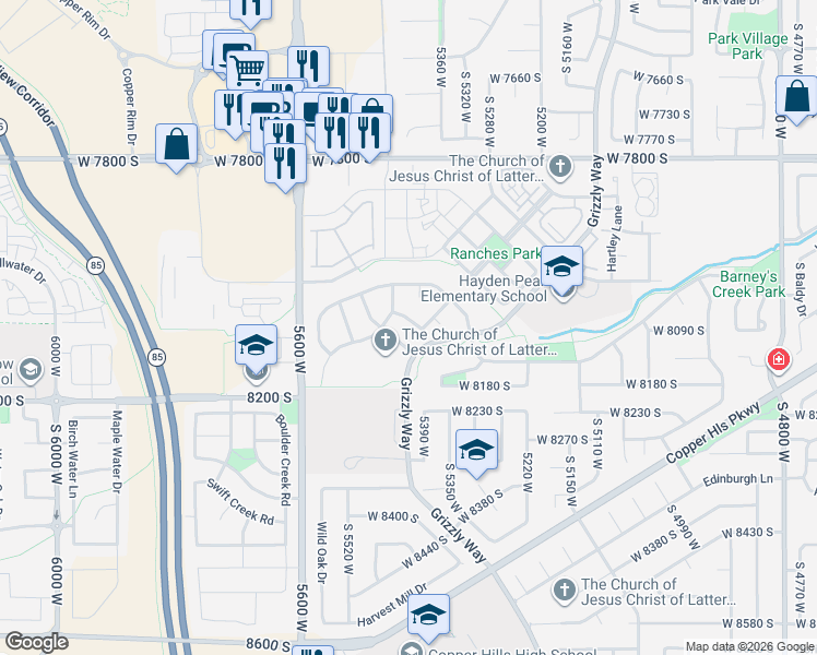 map of restaurants, bars, coffee shops, grocery stores, and more near 5426 Sawtell Way in West Jordan