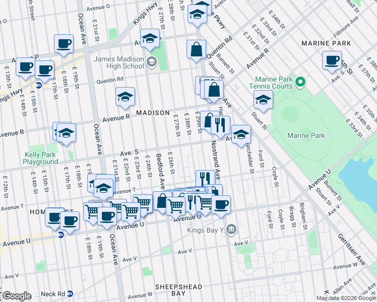 map of restaurants, bars, coffee shops, grocery stores, and more near 1883 East 27th Street in Brooklyn