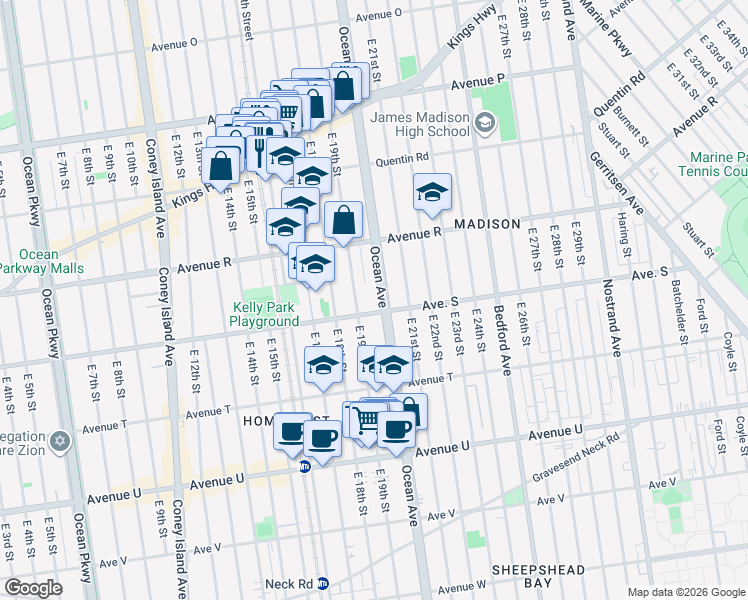 map of restaurants, bars, coffee shops, grocery stores, and more near 2330 Ocean Avenue in Brooklyn