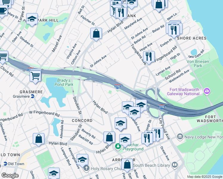map of restaurants, bars, coffee shops, grocery stores, and more near 85B Narrows Road North in Staten Island