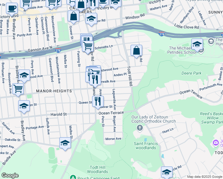 map of restaurants, bars, coffee shops, grocery stores, and more near 146 Laguardia Avenue in Staten Island