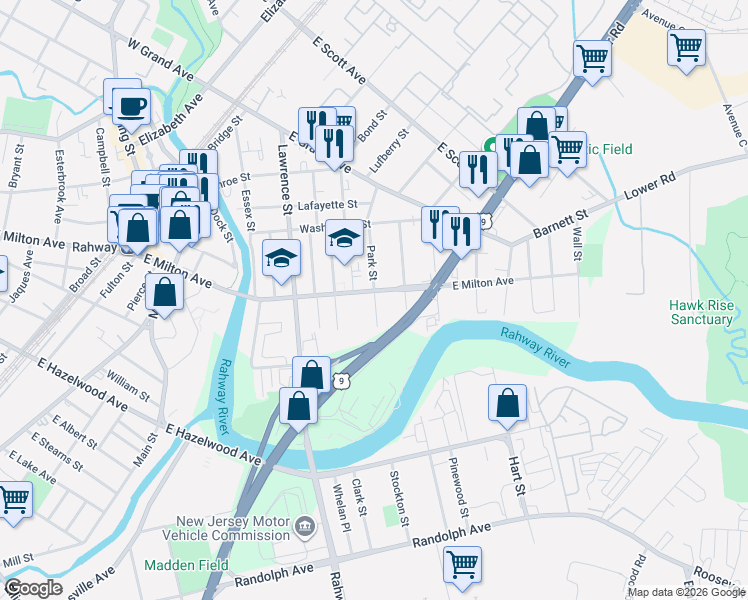 map of restaurants, bars, coffee shops, grocery stores, and more near 514 East Milton Avenue in Rahway
