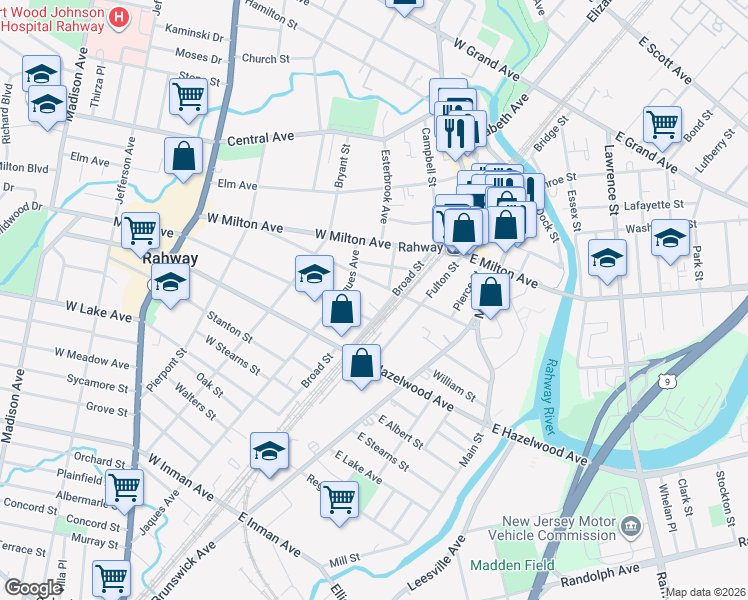map of restaurants, bars, coffee shops, grocery stores, and more near 60 West Emerson Avenue in Rahway