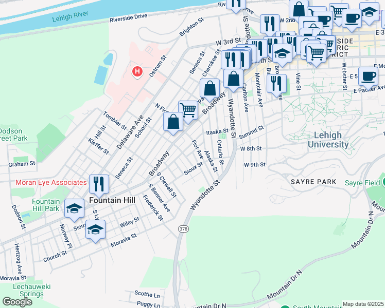 map of restaurants, bars, coffee shops, grocery stores, and more near 608 Fiot Avenue in Bethlehem