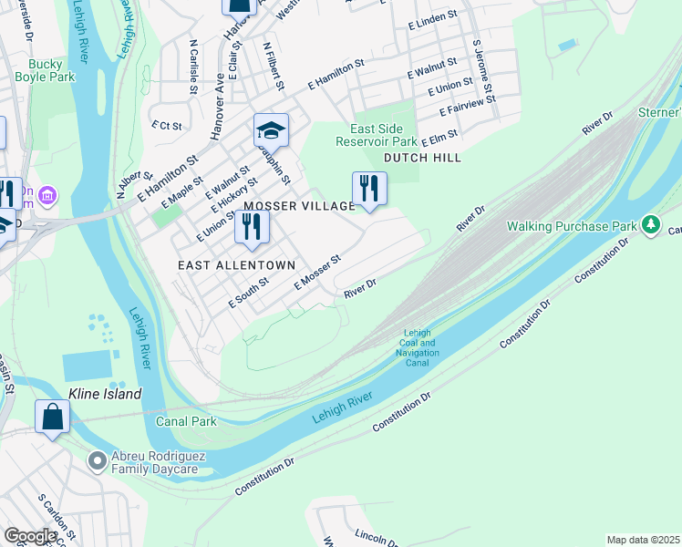 map of restaurants, bars, coffee shops, grocery stores, and more near 408 East Mosser Street in Allentown