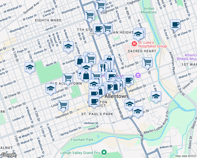 map of restaurants, bars, coffee shops, grocery stores, and more near 721 West Turner Street in Allentown