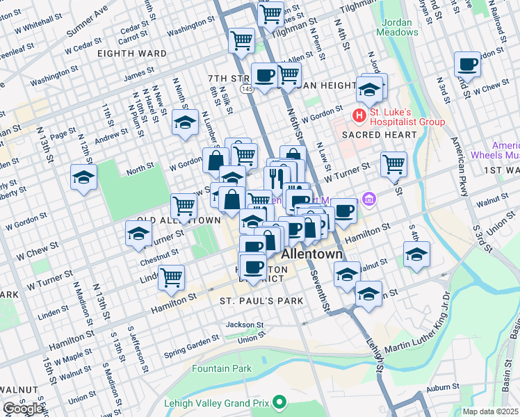 map of restaurants, bars, coffee shops, grocery stores, and more near 721 West Turner Street in Allentown