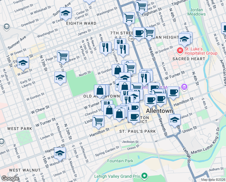 map of restaurants, bars, coffee shops, grocery stores, and more near 928 West Chew Street in Allentown